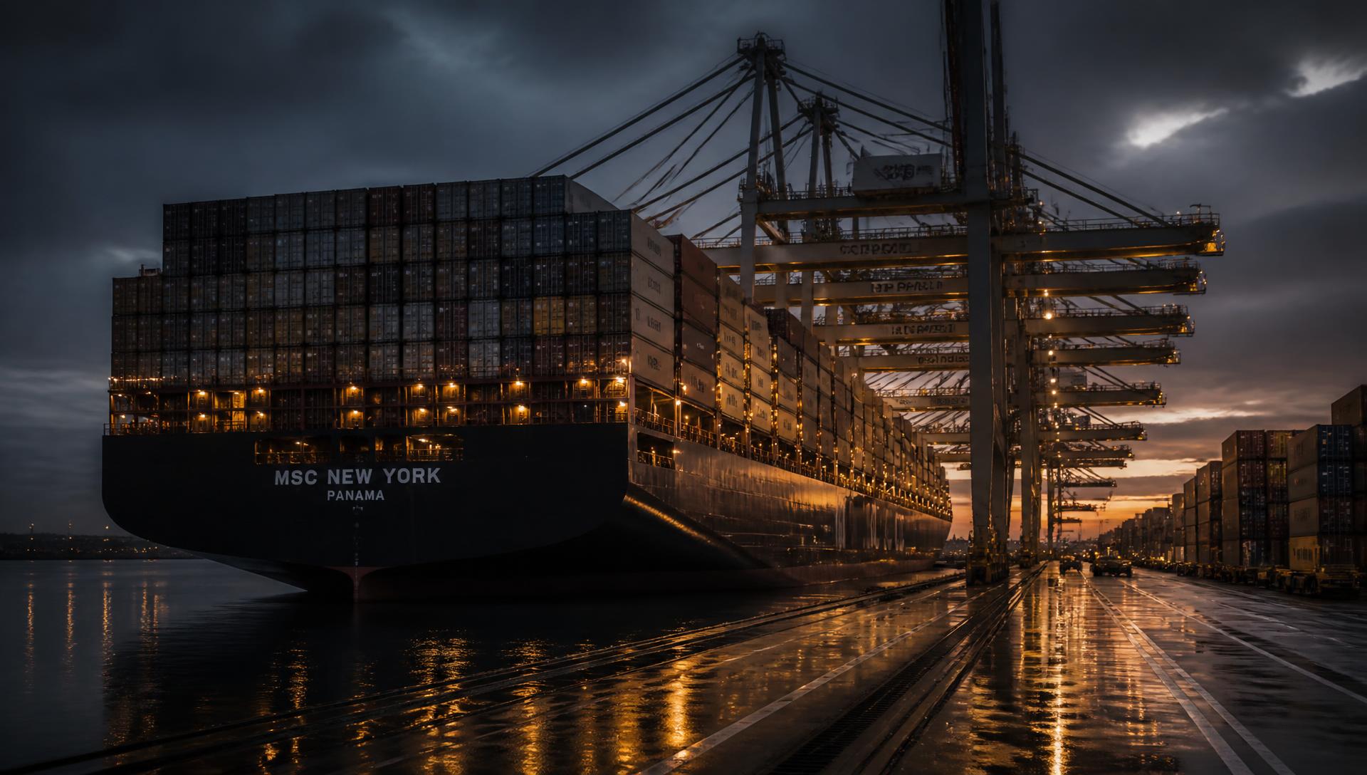 Container ship berthed at an international port terminal at dusk